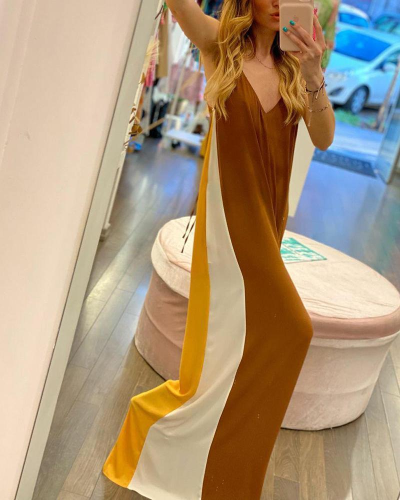 Sling wide-leg jumpsuit with color-block side seams