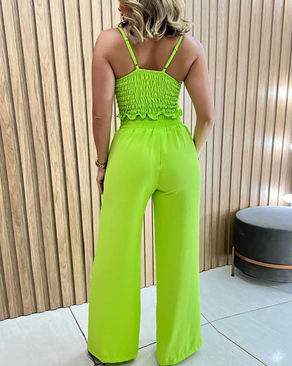 Solid Color Camisole & Lace Up High Waist Straight Pants Set