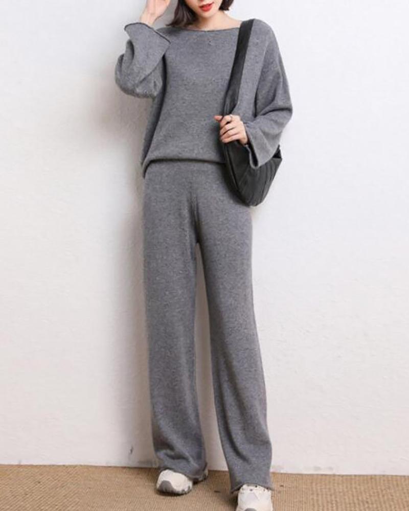 Ladies high waist wide leg pants solid color knitted suit