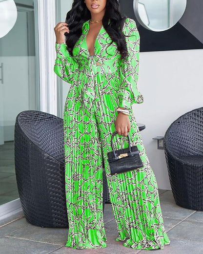 Printed Two-Piece Set of Trendy Long Sleeve Shirt & Pleated Wide Leg Pants