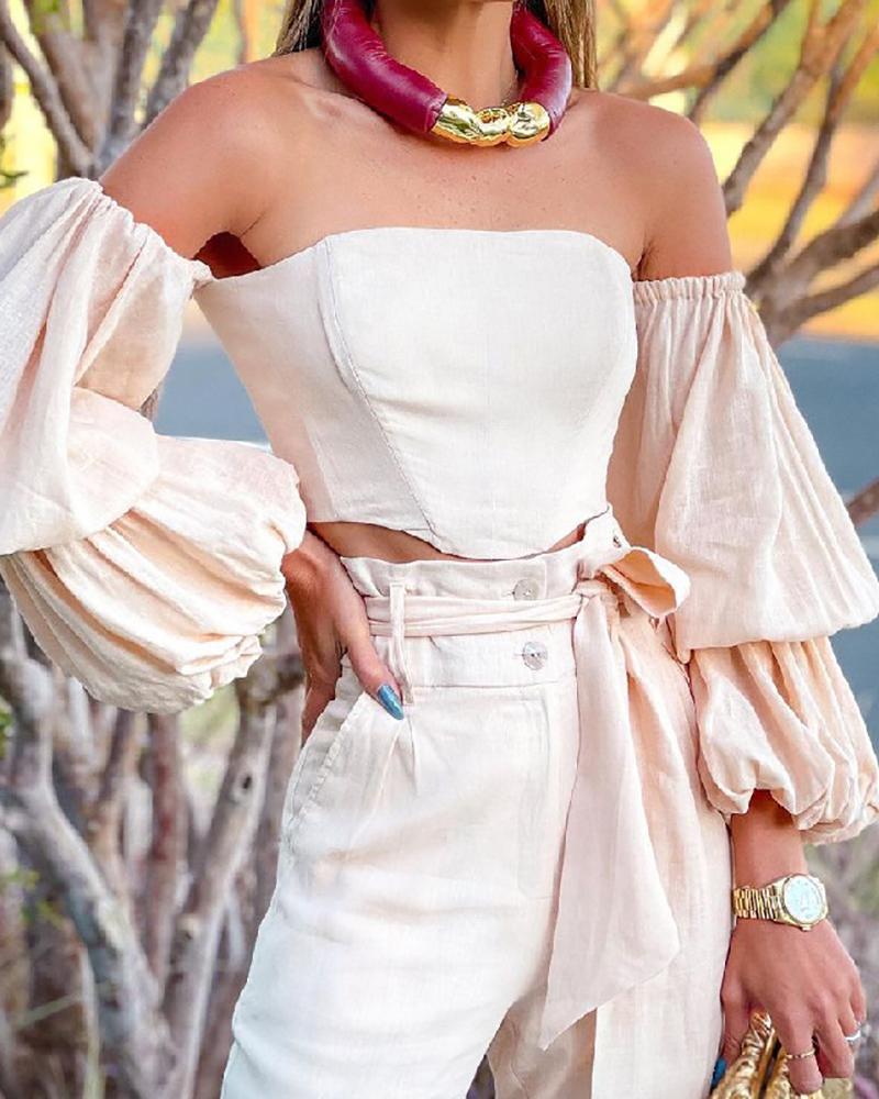 Stylish Two Piece Set of Strapless Puff Sleeve Top & Pants