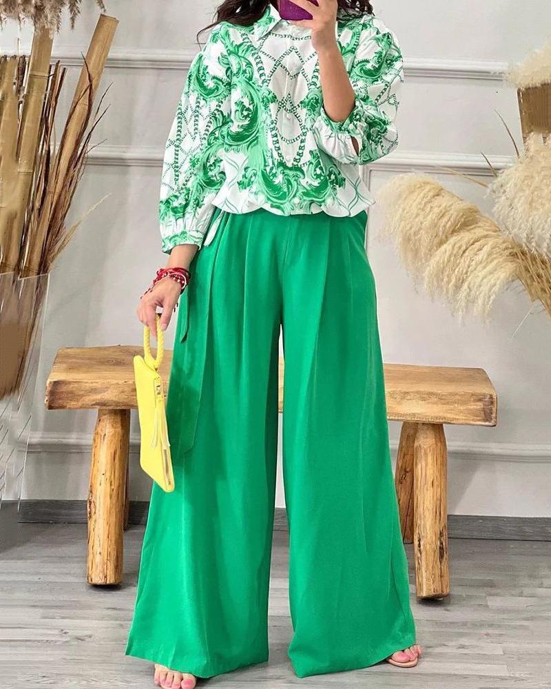 Stylish casual shirt & high-waisted lace-up wide-leg pants set