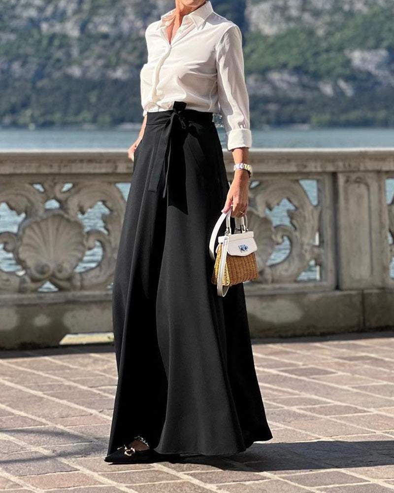 Lapel Long Sleeve Shirt Top Skirt Two Piece Set