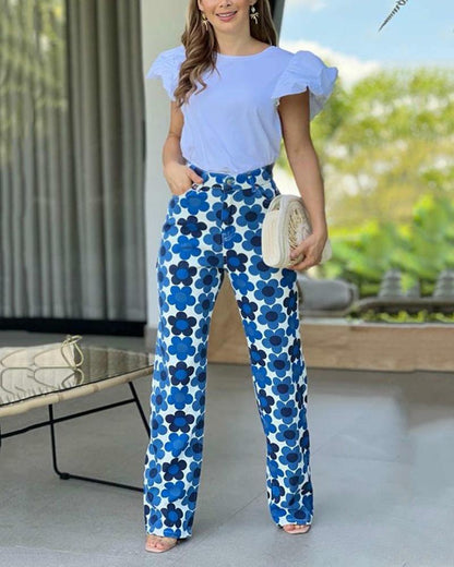 Two-piece set of puff sleeve top & floral pants