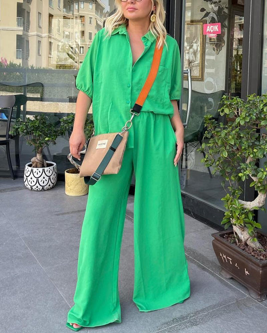 Fashionable Solid Color Shirt Pants Suit