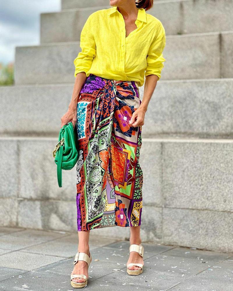 Two-Piece Set of Solid Shirt & Printed Skirt