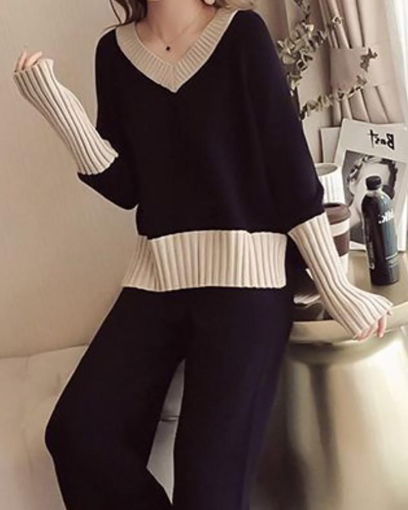 Elegant Casual Colorblock Knit Two Piece Set