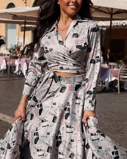 Poster Print Long Sleeve Shirt Dress Set