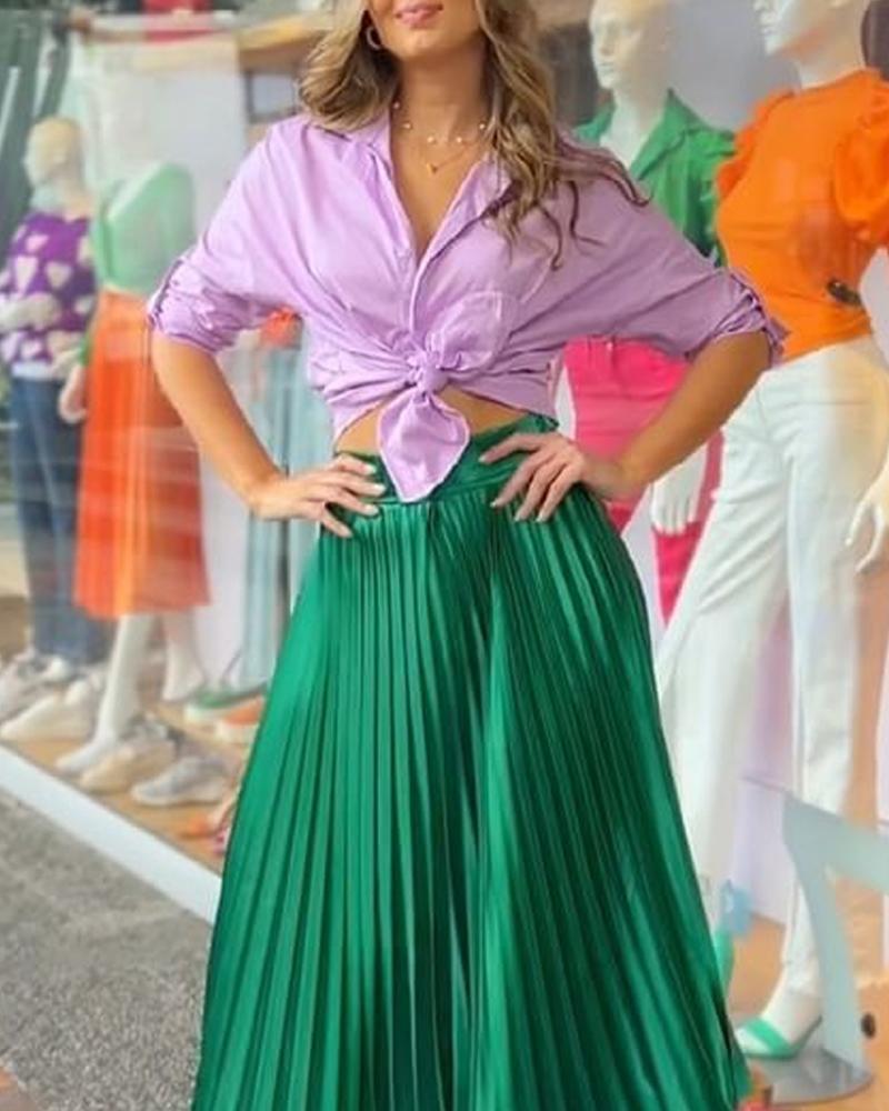 Solid Color Shirt Pleated Long Skirt Suit