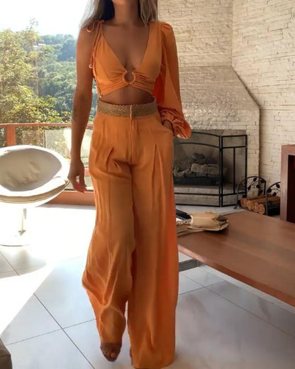 One Shoulder Design Back Top Pants Suit