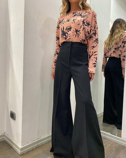 Two-piece set of printed top & high-waisted trousers