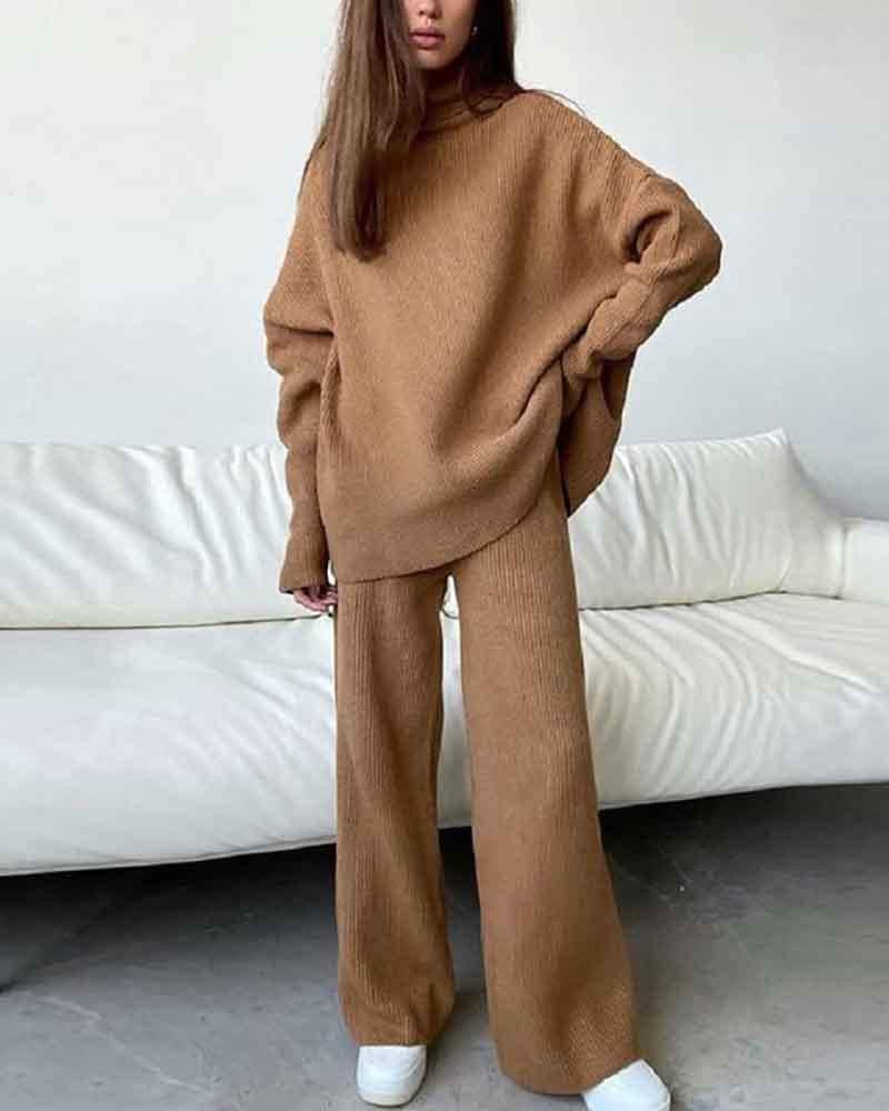 Solid Color Turtleneck Knit Sweater & Pants Two Piece Set