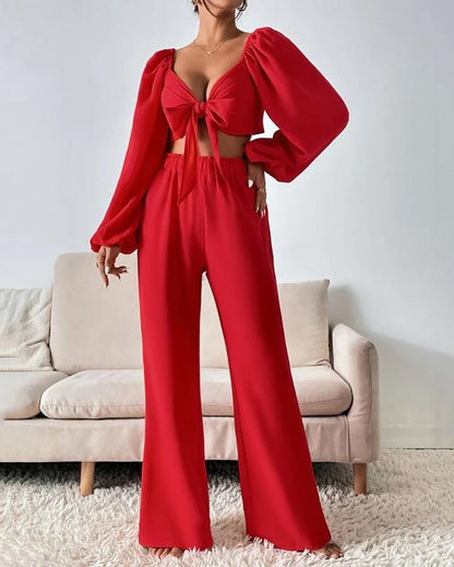 Solid color long-sleeved two-piece suit