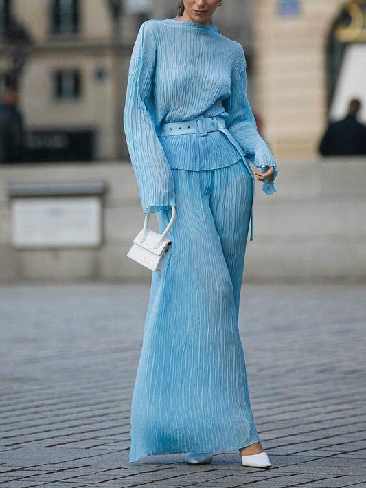 Stylish long-sleeved pleated two-piece suit