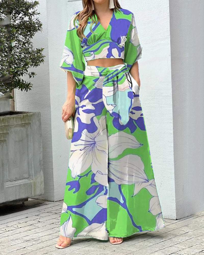 Fashion Print V-Neck Long Sleeve Top & Wide Leg Pants Two-Piece Set