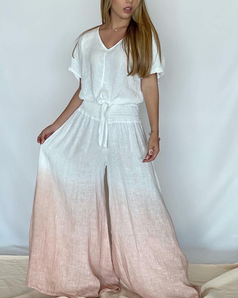 Two-piece set of loose V-neck top & gradient wide-leg pants