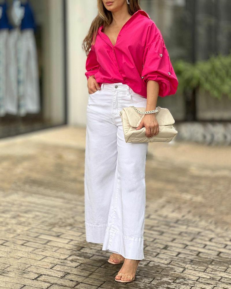 V-Neck Balloon Sleeve Shirt & Pants Two Piece Set