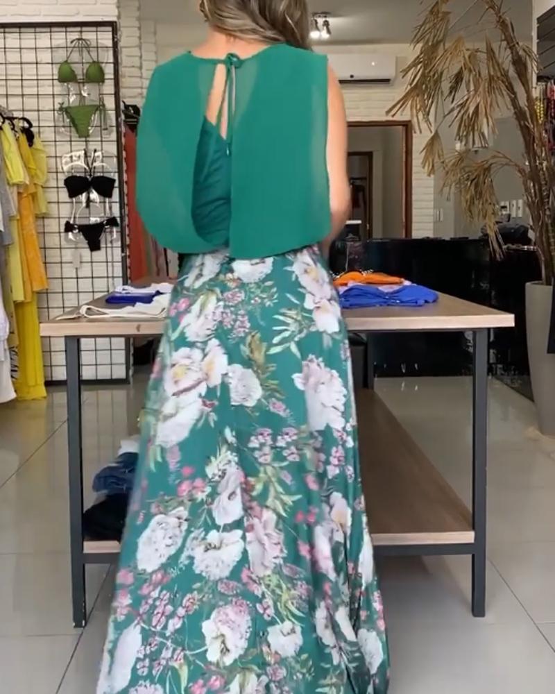 Sleeveless Chiffon Top Printed Long Skirt Suit