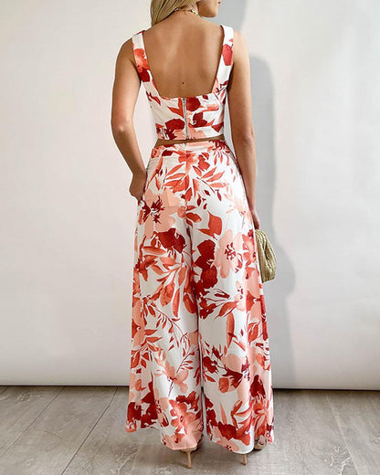 Printed Vest + High Waist Wide Leg Pants Casual Suit