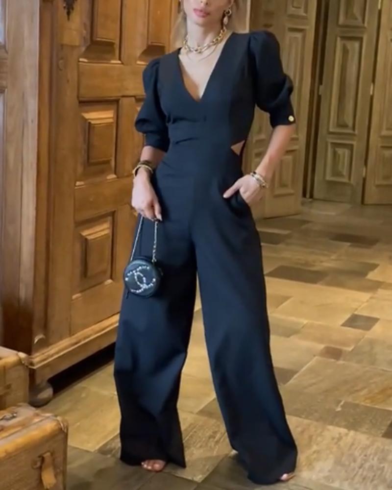 V-neck Open Waist Fashion Casual Jumpsuit