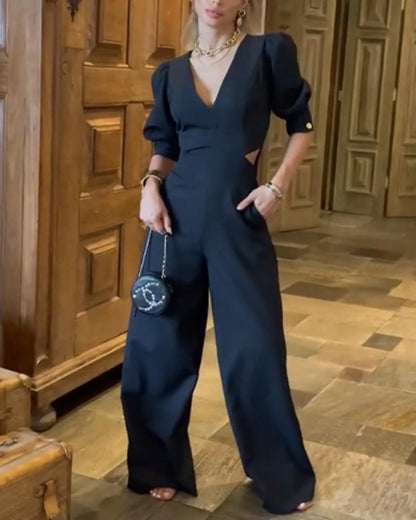 V-neck Open Waist Fashion Casual Jumpsuit