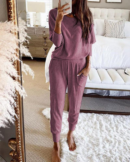 Casual Loose Solid Color Long-sleeves Knitted Set