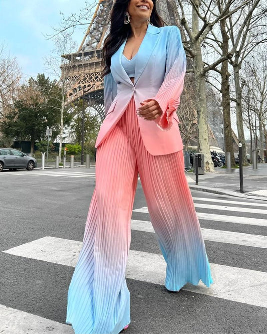 Fashion Gradient Contrast Color Pleated Suit