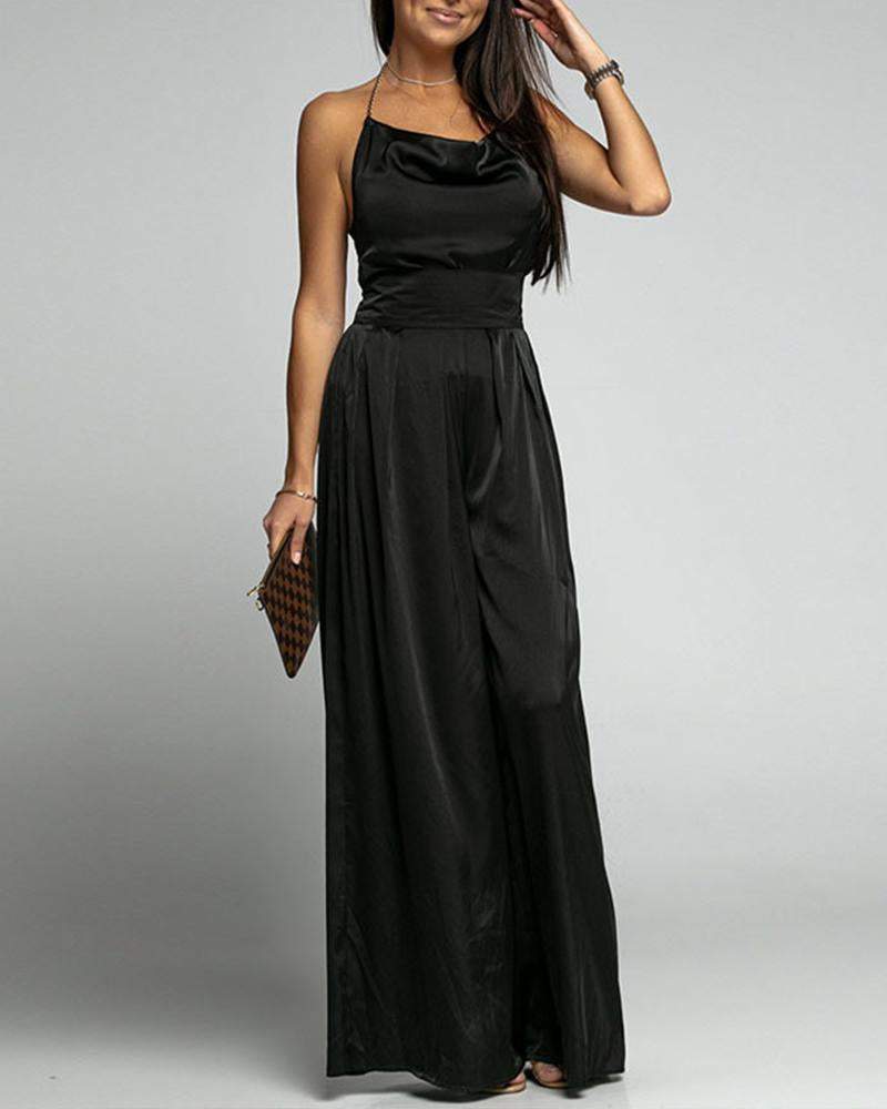 Satin Solid Color High Waist Wide Leg Jumpsuit