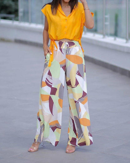 Casual Two Piece Solid Color Short Sleeve Shirt & Printed Pants