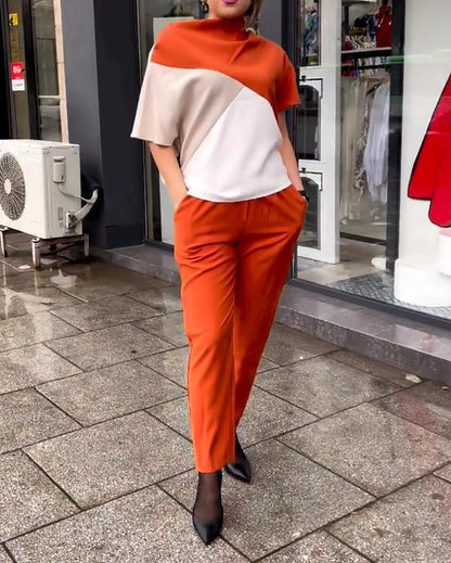 Two-piece set of casual colorblock top & slacks