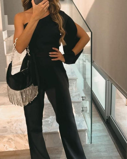 Elegant Black One-shoulder Long Jumpsuit