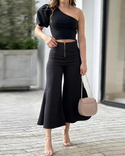 One-shoulder puff sleeve casual two-piece set