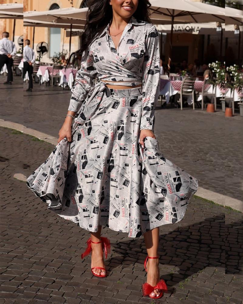 Poster Print Long Sleeve Shirt Dress Set