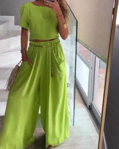 Short-sleeved Solid Color T-shirt Wide-leg Pants Suit