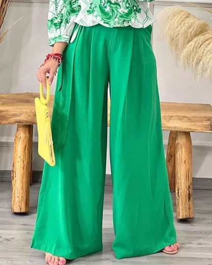 Stylish casual shirt & high-waisted lace-up wide-leg pants set