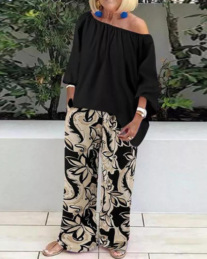 Top&floral print wide leg pants two-piece set