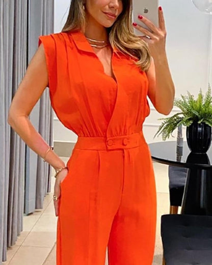 Solid Color Lapel Sleeveless Jumpsuit