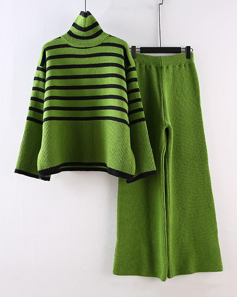 High-neck knitted sweater + high-waist straight-leg wide-leg pants two-piece set