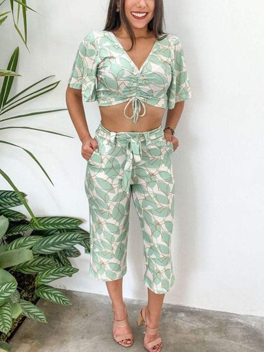Printed Lace Up Top Cropped Pants Set