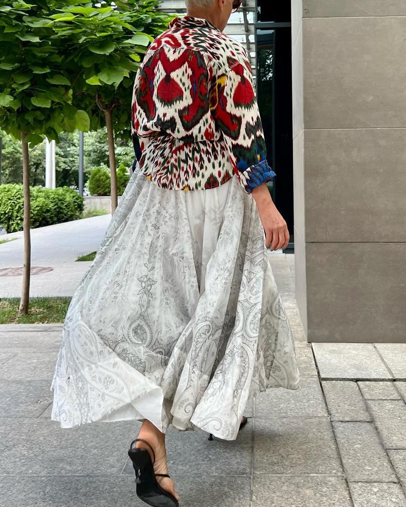 Printed Shirt Top Large Skirt Long Skirt Set