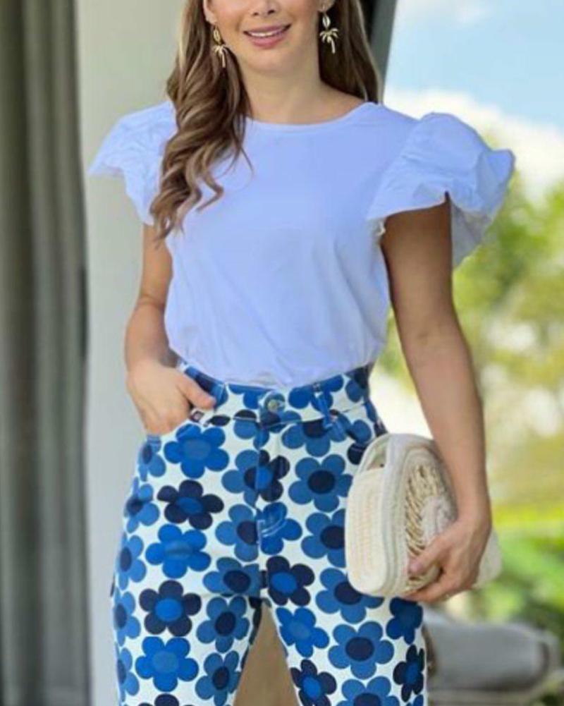 Two-piece set of puff sleeve top & floral pants