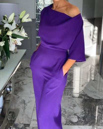 Elegant Pile Collar Solid Color Long Jumpsuit