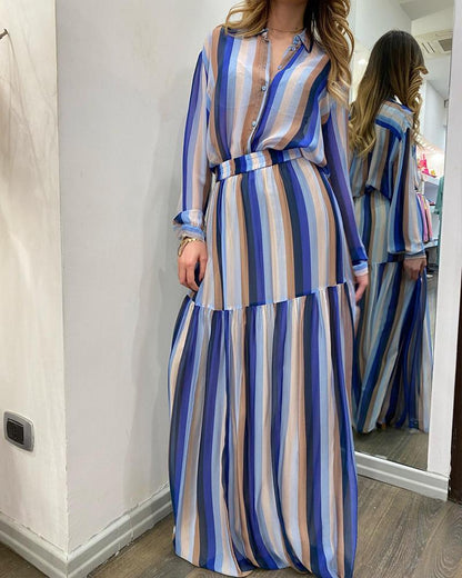 Fashion Striped Shirt Patchwork Long Dress Casual Suit