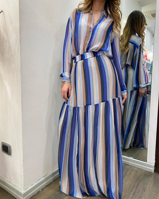 Fashion Striped Shirt Patchwork Long Dress Casual Suit