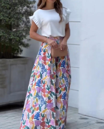 Casual Two Piece Crew Neck Ruffle Sleeve Top & Printed Wide Leg Pants