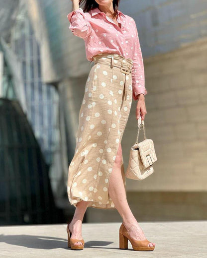 Polka Dot Two-Piece Set with Lapel Long Sleeve Shirt & High Waist Skirt