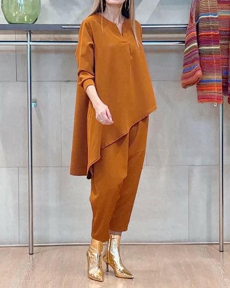 V-Neck Long Sleeve Irregular Top & Pants Two Piece Set