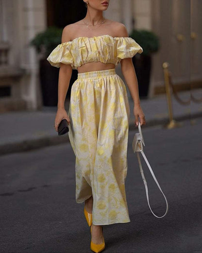 Bubble Sleeve Shoulder-Print Long Dress Set