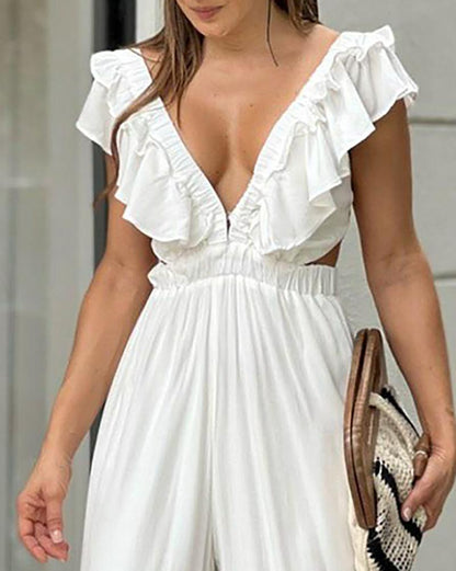 Ruffled V-neck Waistless Jumpsuit