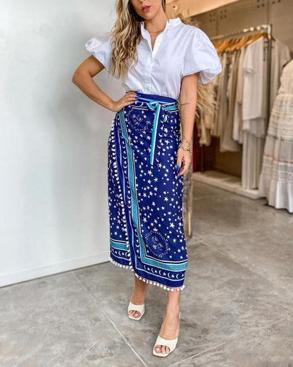 Short Sleeve Shirt Printed Long Skirt Suit